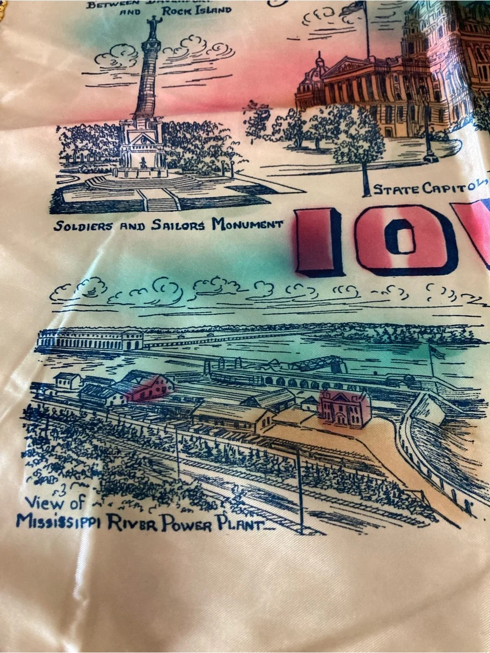 Vintage Iowa silk fringed pillow case from 1950’s approximately 16 x 16